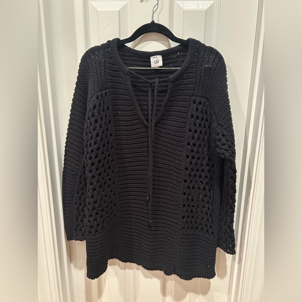 Cabi  Black Beachcomber Open-Knit Women’s Sweater with Tie Neck - Picture 3 of 5